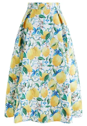 A-Linien-Midirock aus Jacquard mit „Blue Tiles“-Aquarell-Zitronen-Print